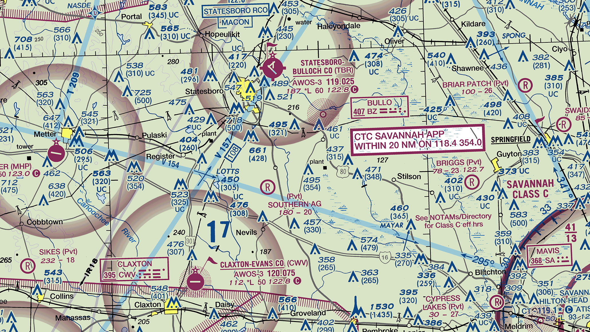 The flag symbols at Statesboro Bulloch County Airport and the Claxton-Evans County Airport are